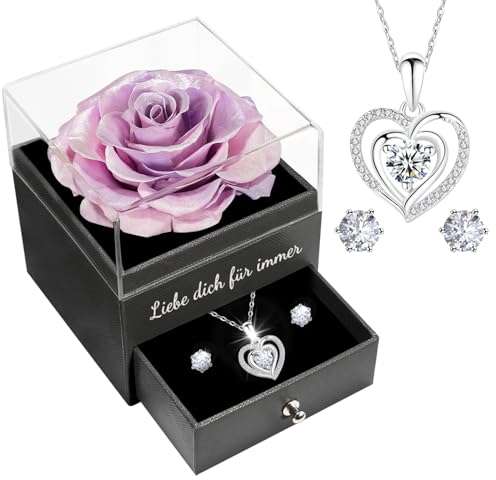 Miofula Ewige Rose Geschenke für Frauen, Konservierte Rosen mit Herz Halskette und Ohrringe aus 925 Sterlingsilber, Rosen Geschenkebox für Mama Frau zum Geburtstag Weihnachten Valentinstag Muttertag