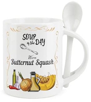 Soup Mug and Spoon Set - Butternut Squash Soup of The Day - Ceramic White Soup Mug with Spoon in Handle