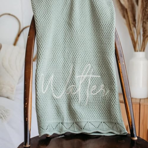 REEG Personalisierte Babydecke, weiche Baumwollstrick-Babydecke mit gesticktem Namen am Saum, personalisierte gestrickte Baumwoll-Babydecken (Beige, ohne Name)
