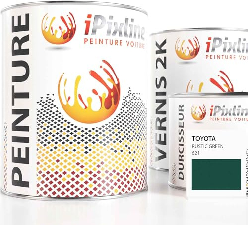 ipixline Kit Retouche Peinture Carrosserie Voiture - Pot Peinture Auto 1000 ml, Vernis 2k 670 ml, Durcisseur 330 ml - Compatible avec Toyota - Rustic Green 621