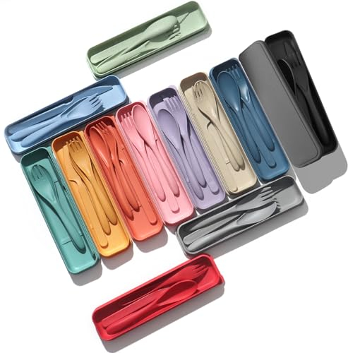 Travel Cutlery Set, Happybase 12 Sets Reusable Cutlery Set with Case, Travel Fork Knife Spoon Set, Portable Camping Cutlery Set for Camping Picnic Work School Daily Use