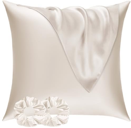 Satin Kissenbezug 80x80 2er Set & 2 Haargummis, Satin Kopfkissenbezug 80x80 Beige, Weich wie Seidenkissenbezug 80x80,Bessere Pflege als Silk Pillosecase,Kissenhülle Kissenbezug für Haar und Haut