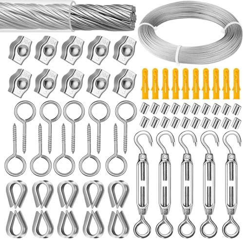 Juego de tensores de cable de alambre, 2 mm x 40 m, tensor de cable de acero inoxidable 304, tensor de cable de alambre con ojales para colgar cadenas de luz, tendederos, cuerdas de cortina y