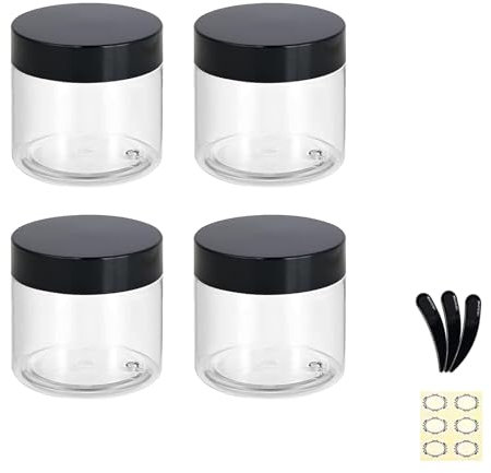 Apstaqeoo 4PCS 150ML Empty Plastic Jars With Black Lids, Clear Round Face Cream Jars Cosmetic Container Travel Storage Jar With Inner Liners for Body Scrub/Lotion/Powder/Ointment/Salves/Sample/Makeup
