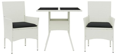 vidaXL Garten Essgruppe 3-TLG., Gartenmöbel Set mit Kissen, Gartengarnitur Tisch 2 Stühle, Lounge Sitzgruppe Sitzgarnitur, Weiß Poly Rattan Glas