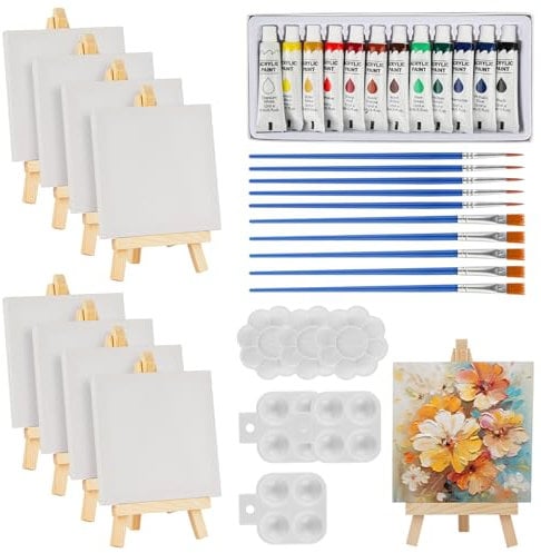 44 Pcs Mini Canvas and Easel, Mini Canvas Painting Set Includes 4x4 Inches Canvas, Paint Brushes, Paint Palette and Acrylfarben, Wooden Mini Easels with Art Canvas for Kids and Artists Art Party