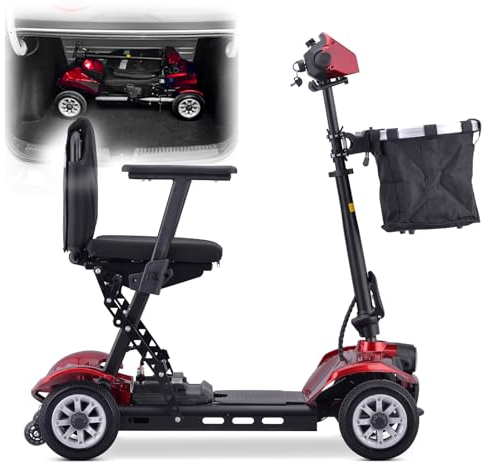 HZWJD Elektrischer Rollstuhl Scooter,Rollstuhl,Rollator Faltbar Und Leicht Mit Sitz,4-Rad-Reisemobilitätsroller,Mit Aufbewahrungskorb,Mit Herausnehmbarer Lithiumbatterie red