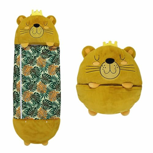 SMTSEC Schlafsack Kinder 2-in-1 Schlafsackkissen Kuscheltier Glückliche Spiel Schlafsack Mit Kissen Faltbar Cartoon Tierschlafsack Weiches Bequemes Kinderschlafsack Schlafsäcke,Lion-137×50cm