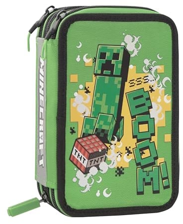 MINECRAFT - Offizielles Minecraft-Federmäppchen für die Schule, 3 Fächer, Jungen und Mädchen, mit Schreibwaren-Set, radierbaren Frixion-Stiften und praktischem Reißverschluss, 20 x 13 x 7 cm, Grün und