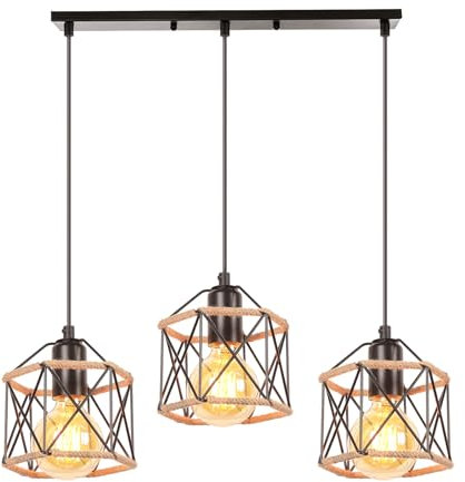 PETITES ECREVISSES Lampadario a Sospensione E27 Industriale Vintage 3 Luci Lampada da Soffitto Corda di Canapa Retro Illuminazione Nero interna per Cucina Salotto (Esagono-barra-L)