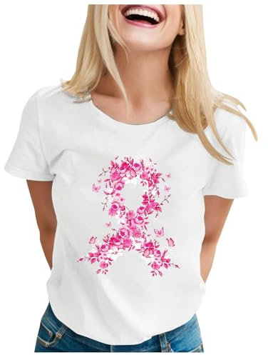Cancer du Sein Tee Shirt Octobre Rose, Femme Ruban Rose de Sensibilisation au Cancer du Sein d'Octobre T-Shirt Pas Cher T Shirt Femme Grande Taille Sexy La Rosée Lot Tshirt Femme