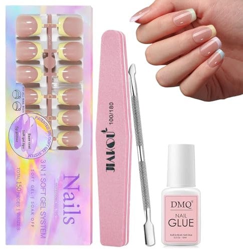 DMQ Square Press On Nails Medium, 150Pcs Pastel French Tip False Nails Kit with Glue, Acrylic French Fake Nail Tips, Full Cover Stick on Nails for Women French Nail Art Manicure Decorations