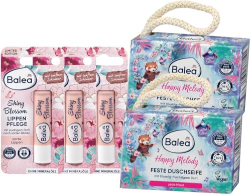 Balea 5er-Set Hautpflege: Lippenpflegestift SHINY BLOSSOM Lippenpflege mit Sheabutter, sanftes Farbfinish (3 x 4,8 g) + Feste Duschseife HAPPY MELODY mit blumig-fruchtigem Duft (2 x 100 g), 214,4 g