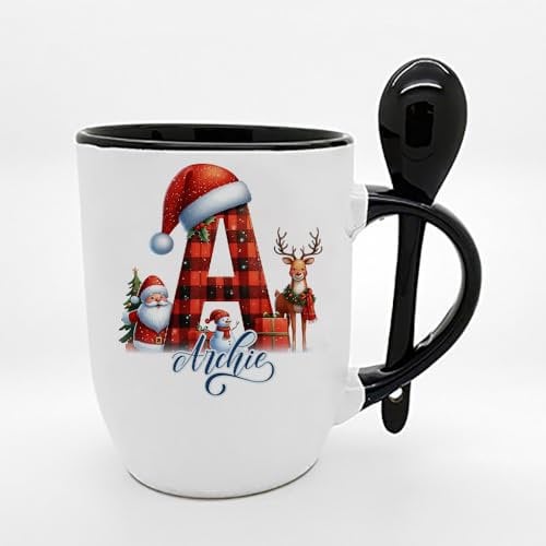 Getagift Personalised Christmas Alphabet Letter, Initial with Name, Xmas, Secret Santa Alphabet, Spoon Coffee, Tea Mug. (Black)