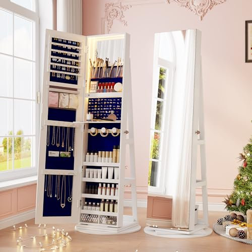 Gurexl LED Schmuckschrank mit Spiegel, Weiß Schmuck Spiegelschrank mit LED, abschließbar, 360 Grad drehbar, mit mehreren Fächern