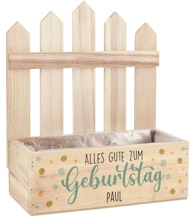 Herz & Heim® Personalisierter Geschenkkorb aus Holz – Geschenk zum Geburtstag mit individuellem Namen – Pflanzkiste mit Zaun & Aufdruck