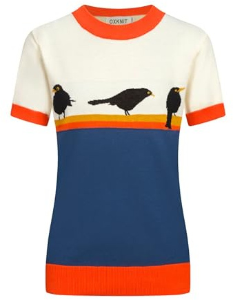 OXKNIT T-Shirt Damen Kurzarm Farblich Passender Süßer Vogel Gestreiftes Kunststrickzeug Baumwolle Top