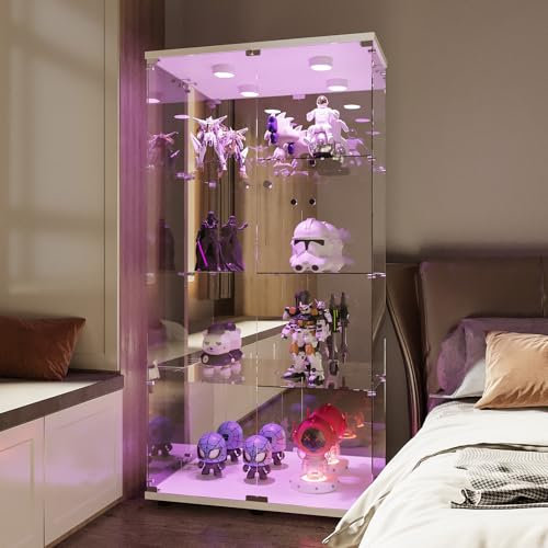 DAHUEN Glasvitrine stehend 64 × 81 × 37 cm mit LED, 4-stufige Glasvitrine für Sammlerstücke, Glas vitrinenschrank mit 2 Türen, vitrine Glas abschließbar, Weiß, für Badezimmer, Wohnzimmer, Küche, Büro
