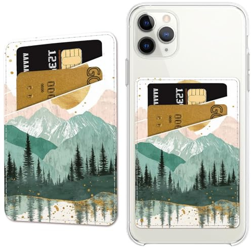 CREATCABIN Mountain Phone Card Holder Leather Cell Phone Wallet Stick on Adhesive Credit Card Holder Slim Double Pocket Sticker for Back of Phone Case Compatible with Most Phones 3.7 x 2.5 Inch