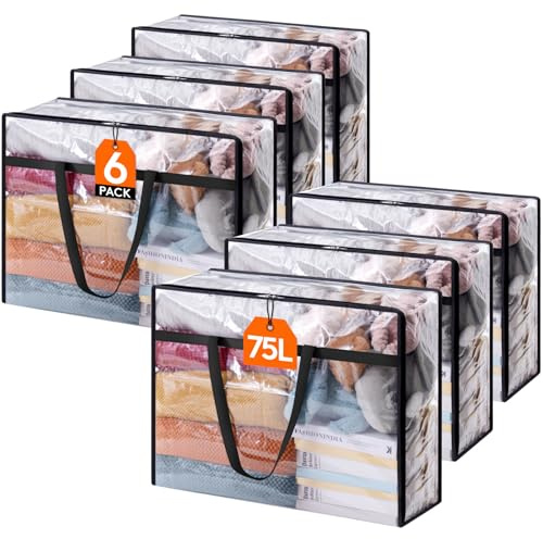Lifewit 6 Pack Clear Storage Bags, 75L Plastic Clothes Storage Bags | Transparent Moving Bags with Reinforced Handle for Bedding, Clothes, Blanket, Duvet, Wardrobe Storage Organizers with Zips