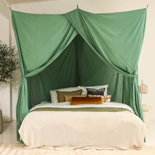 Grüner Betthimmel für Doppelbett | Rechteckiges Luxuriöses Moskitonetz | Dekorativer Baldachin für Bett XXL | Himmelbett Vorhänge, 4 Öffnungen