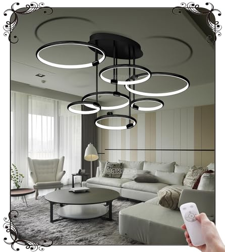 WSXEDC L110cm LED Deckenleuchte 7 - Ring Schwarz Dimmbare 2700K-6500K Modern 100W Deckenlampe Wohnzimmerlampe amazon lampen, für Schlafzimmer jugendzimmer Esszimmer Küche