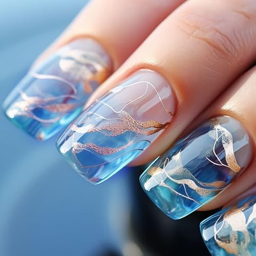 Press on Nails – 24Pcs Blue Ombre Square False Nails with Gold Foil Lines, Glossy Gradient Stick on Nails, Reusable Fake Nail Tips for Women and Girls