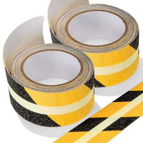 2 Pezzi 5 m x 5 cm Nero e Giallo Nastro Antiscivolo per Gradini Strisce | Antiscivolo per Scale Esterne Fluorescente Autoadesivo Nastro di Segnalazione per Scale, Gradini, Rampe e Pavimenti