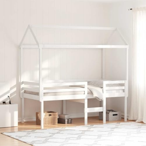 Owoxanthellate Hochbett Kiefer Weiß 195,5x95,5x89 cm mit Dach Spielbett Spielvorhang Platzwunder massiv bunt für Kinderzimmer Schlafzimmer Jugendzimmer