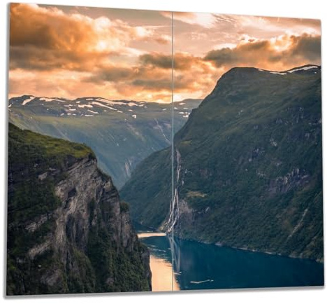 Wallario Herdabdeckplatte/Spritzschutz aus Glas, 2-teilig, 60x52cm, für Ceran- und Induktionsherde, Fjord bei Sonnenuntergang