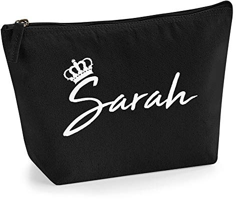 Personalisiert Name Initialen & Königin Krone Kosmetiktasche Damen Schminktasche für Handtasche Makeup Tasche - Glitter oder Flocke Material Druck - Weiße Flocke - L - Schwarz