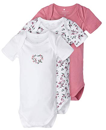 Name IT NOS baby-girls NBFBODY 3P SS HEATHER ROSE FLOWER NOOS Rompers, 50