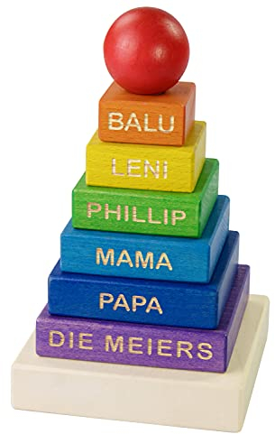 LAUBLUST Stapelturm Personalisiert - Wunschgravur - Steckturm Holz, Bunt, ca. 11x11x19cm - Geschenk zur Geburt & Taufe