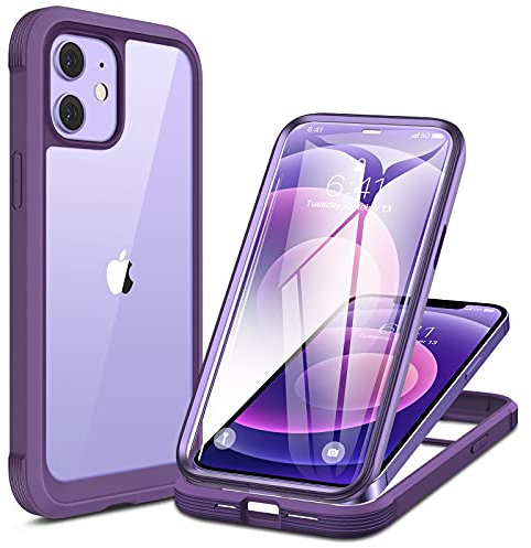 Miracase Compatible with iPhone 12/12 Pro Case 6.1 inch, [Built-in Glass Screen Protector] Full Body Rubber Bumper Case Cover (Purple)
