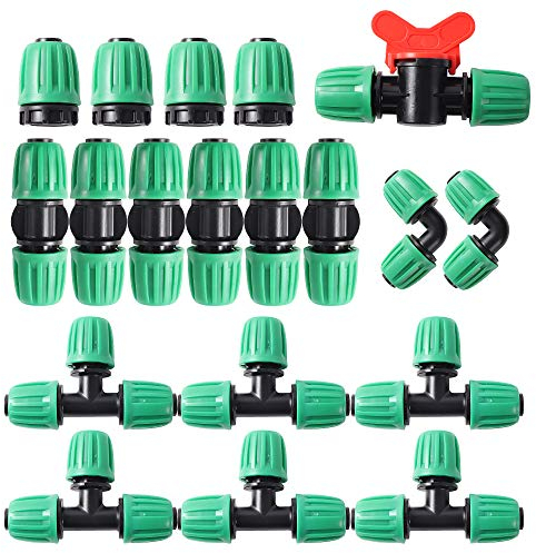 FULAIERGD Juego de 19 grifos de riego para mangueras de Goteo de 1/2 Pulgadas, 6 Piezas en T 6 acoplamientos 4 Extremos 2 Piezas en ángulo 1 válvula de conmutación Conector con púas