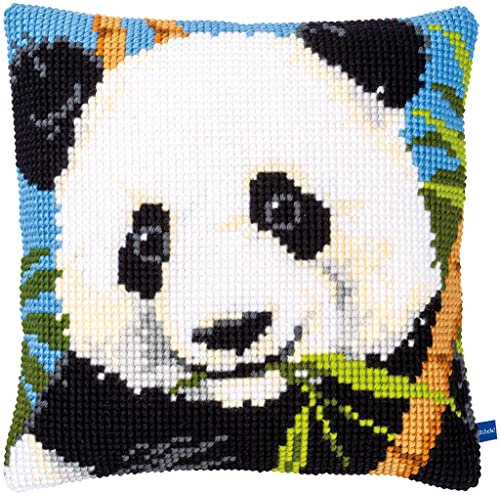 Vervaco Kreuzstich Stickpackungen Kissen Stickerei Set Anfänger Vorgedruckt Panda DIY Set Kreativ Set Für Erwachsene Dekoratives Kissen ca. 40 x 40 cm Bastelset Handwerker Haus Dekoration