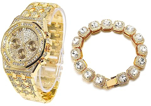 Halukakah Diamant Golduhr für Männer, 18k Echtgold Plattiert 20mm Breite Quarz Armband 22cm,mit Diamant-Cluster Tennis-Ketten Armband 20cm,mit Geschenkbox