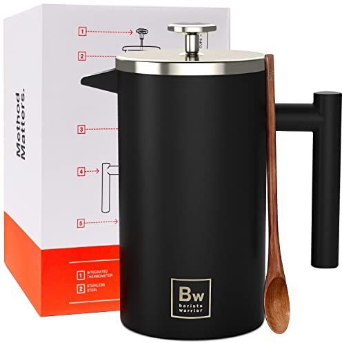French Press with Thermometer - Insulated Coffee French Press - Stainless Steel Coffee Maker (1.0L | 34 fl oz) (Black)