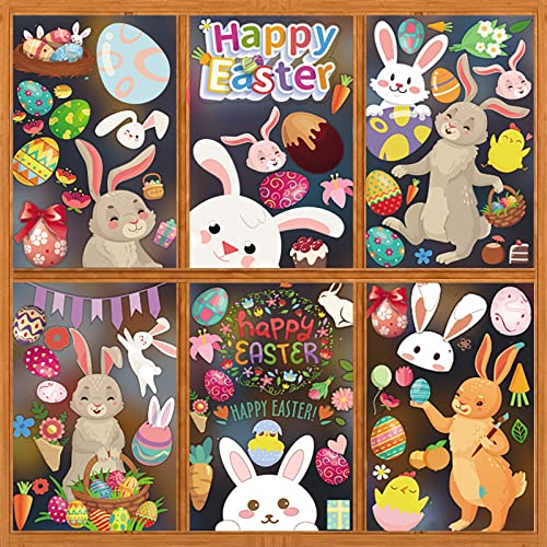 Adesivi per Finestre di Pasqua 154 Pezzi 9 Fogli, Uovo di carota del coniglietto di Pasqua vetrofanie pasquali, Elettrotostico, Riutilizzabile, Rimovibili per Casa Ufficio Porta Finestra di Vetro