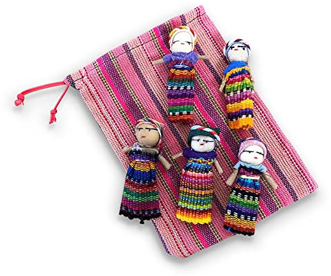 Thorness Set of 5 Handmade Guatemalan Worry Dolls with Colorful Crafted Storage Bag