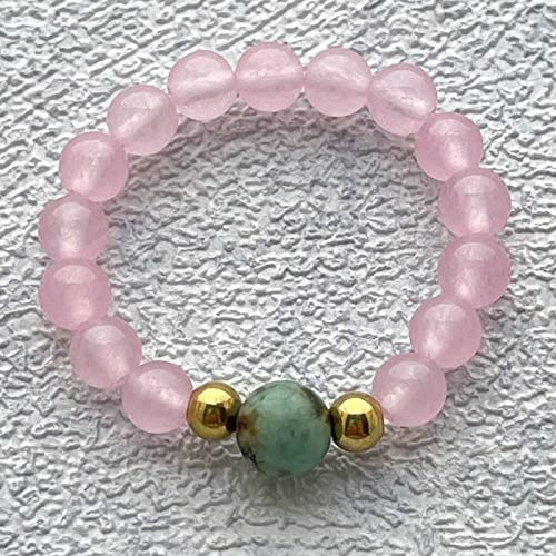 ASDFY Naturstein Goldperlen Ring Kristall Poliert Rosenquarz Perlen Boho Elastizität Ring Damen Steinringe Reiki Balance Knöchel Finger Ringe Ewigkeitsring Für Frauen Mädchen Männer