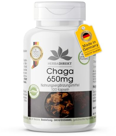 Chaga 650 mg - 100 Kapseln Vitalpilz-Pulver - Schiefer Schillerporling - hochdosiert - vegan | HERBADIREKT by Warnke Vitalstoffe - Deutsche Apothekenqualität