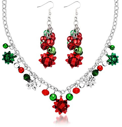 Sibba Weihnachten Halskette Ohrstecker Schmuck Set Tropfen Baumeln Bogenanhänger aus Zinklegierung Jingle Bell Halsketten Ohrringe Hängend Weihnachtsohrringe Damen Festival Geschenk Maskerade (Silber)