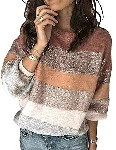 HEYPORK Damen Herbst Winter Warm Bequem Pullover Casual Mode Strickjacke Strickpullover Frauen Pullover Rundhals Mode Persönlichkeit Gestreift Lose Stricken Pullover(A1 Rosa, L)