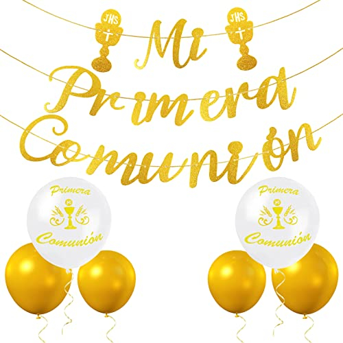 Bomtop 12 Piezas Decoración Comunion Pancarta Mi Primera Comunión Guirnalda Papel Dorada Banderín, Globo Letras Decorativas para Decoracion Comunion Niño Niña Regalo Fiesta de Comunión First Communion