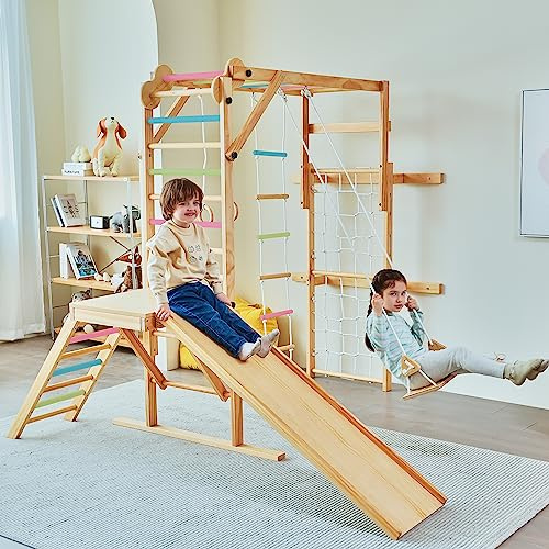 Avenlur Grove 8-in-1 Indoor Jungle Gym with Gymnastic Rings, Climbing Rope, Swing, Slide, Monkey Bars, Rope Wall Net, and Wooden and Rope Ladder - Jungle Play Set for Kids Ages 2-11 Years Old