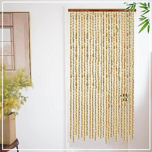 Rideau De Perles en Bambou Naturel,Rideau De Porte Perles De Bois,Décoration De Panneau De Séparation De Chambre À Coucher,Salon,Cuisine,Brins Rideau De Perles À Suspendre,W×H-90strands(90×220cm)