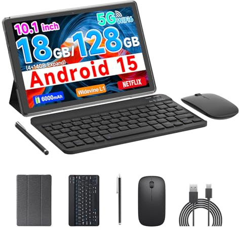 COOPERS Tablet 2 en 1 de 10 pulgadas, Android 13 con teclado, 8 GB RAM 128 GB ROM, 2.4G/5G WiFi, tablet de computadora con funda, mouse, lápiz óptico, CPU potente, batería de 6000 mAh tablet PC