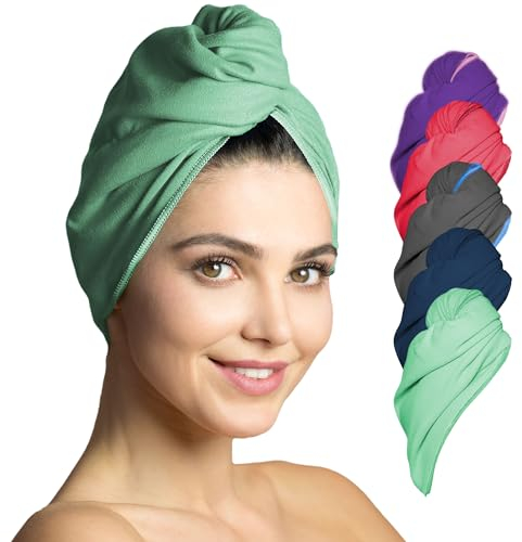 Fit-Flip Haarturban Mikrofaser - 2 Stück Haarhandtuch mit Knopf - schnelltrocknend und saugstark - Microfaser Kopf Turban - Haar Handtuch (Mint)