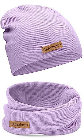 Bubalove Mützen und Schals für Jungen, Mädchen, Babys, Größen 1 Jahr bis 8 Jahre+ viele Farben, Baumwolle Kinderset Mütze und Schornstein, Baumwollmützen, (violett, 4-8 Jahre (46-52 cm))